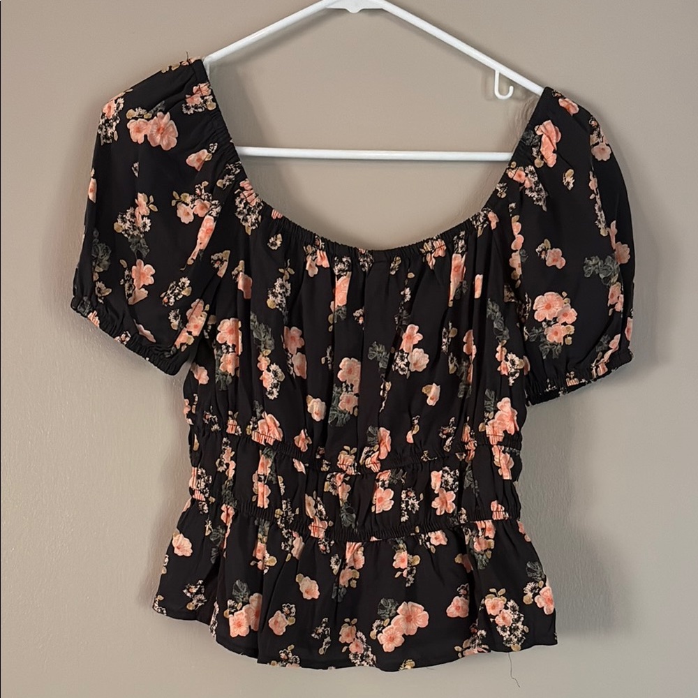 SO Black and Orange Puff Sleeve Smocked Blouse